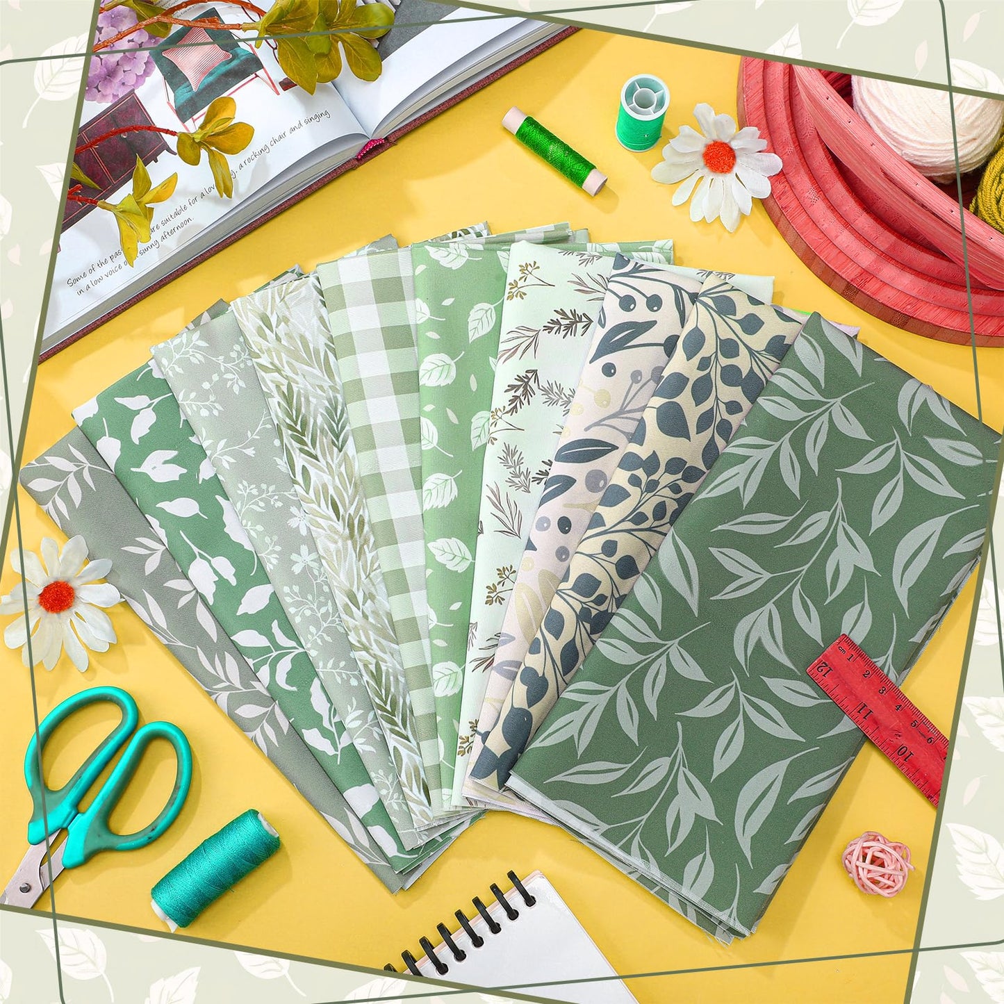 Hahafelt 10 Pcs Sage Green Quilting Fabric by The Yard 20 x 20 Inch Vintage Green Greenery Square Fabric Gingham Fat Quarters Bundle Material Precut Patchwork for Summer DIY Sewing Craft Supplies