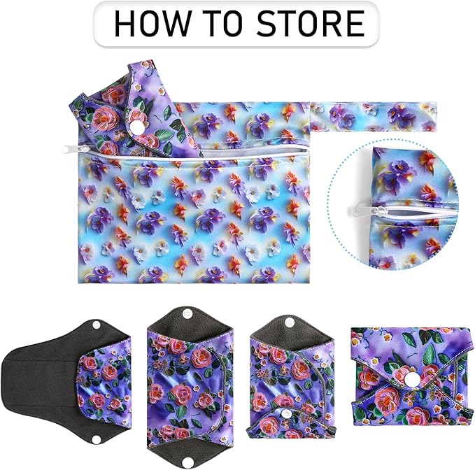 PHOGARY 7 Packs Reusable Menstrual Pads with Wings for Women, Washable Overnight Cloth Panty Liners Sanitary Pads for Heavy Flow with Wet Bag