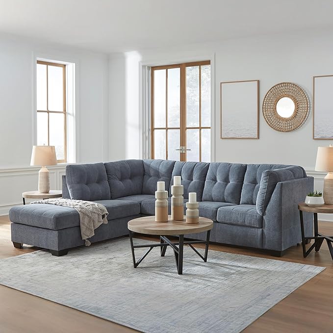Signature Design by Ashley Marleton Contemporary Left-Arm Facing Tufted 2-Piece Sectional with Chaise and Loose Seat Cushions, Blue