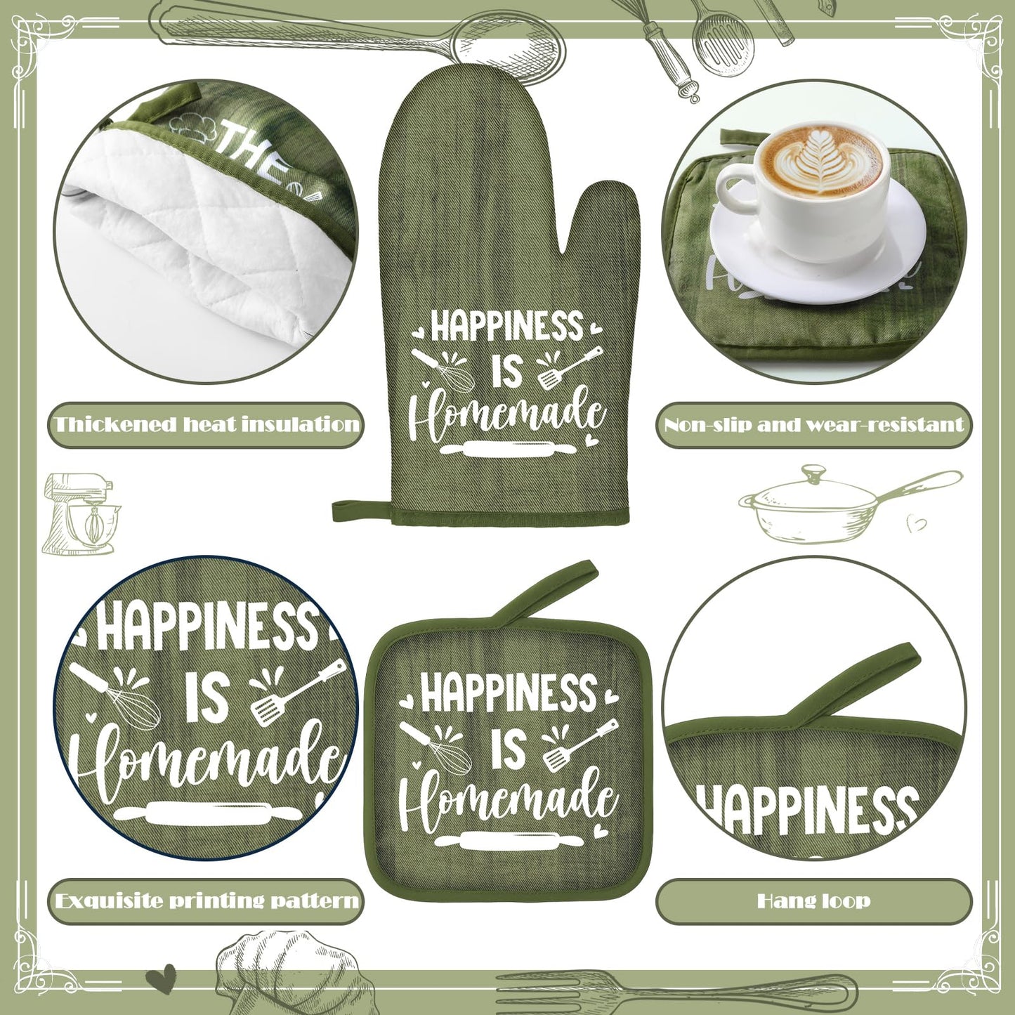 Fourluoo 10 Pcs Farmhouse Kitchen Decor and Accessories Set 4 Kitchen Towels 2 Pot Holders 2 Oven Mitts 2 Rugs for Cooking Baking Mom Housewarming Gifts(Sage Green,Classic Style)
