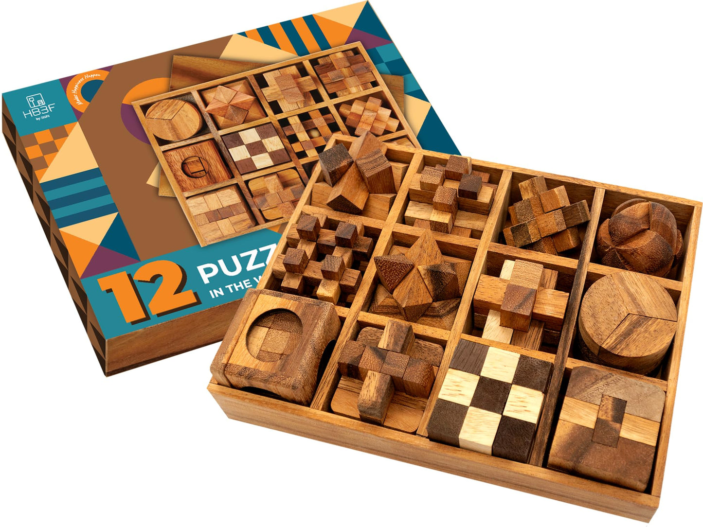 BSIRI Wooden Puzzle Box Set (12 Games) - Challenging Brain Teasers and 3D Puzzles for Adults, Interlocking Games Ideal for Patio Decor and Unique Gift for Chistmas