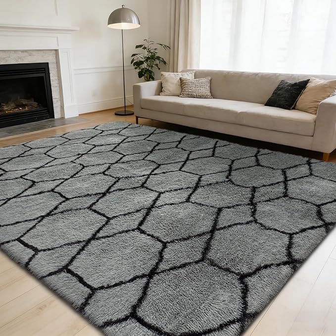 Shag Area Rug for Bedroom 4x6,Fluffy Area Rugs for Living Room,Geometric Soft Fuzzy Rug Non-Shedding Indoor Plush Carpet for Kids Bedroom Nursery Dorm Home,Grey and Black