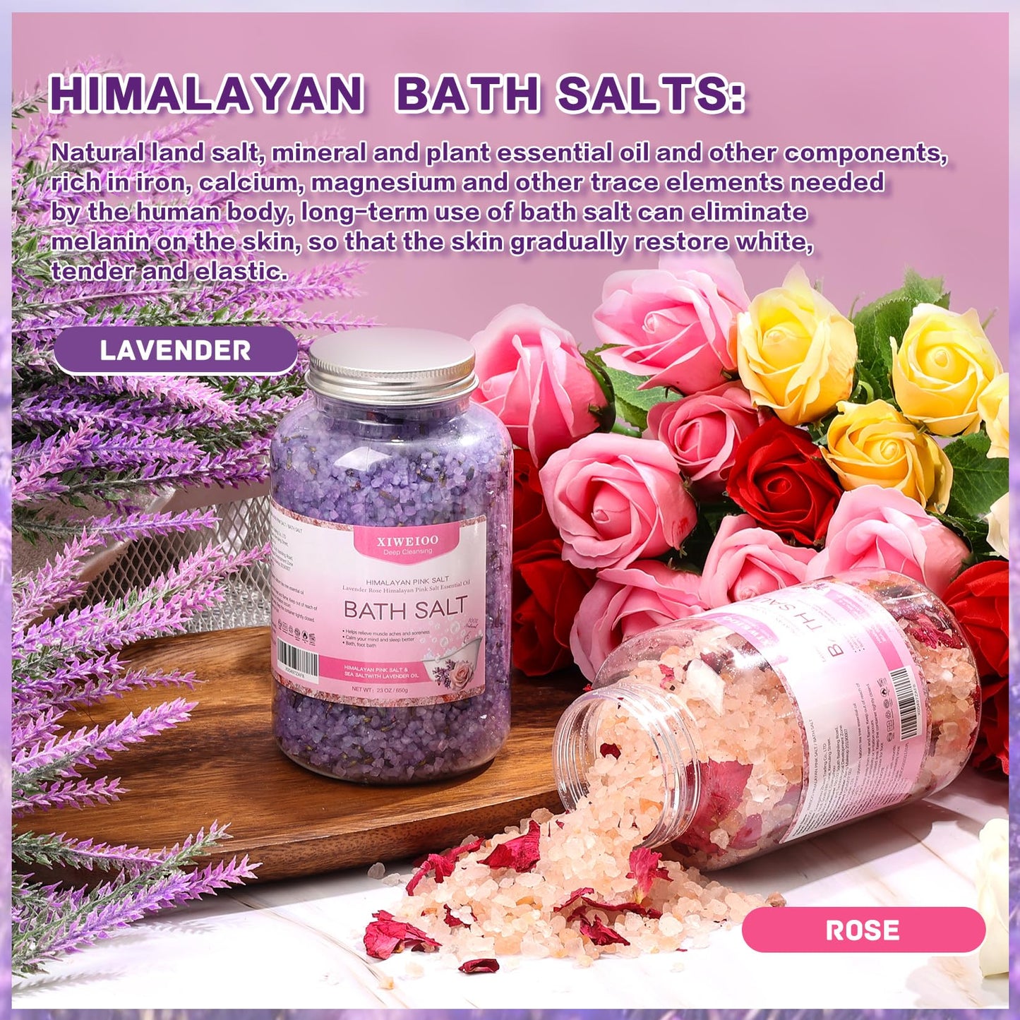 XIWEIOO Bath Salts kit Himalayan Pink Salt -46 oz, Pack of 2 Natural Epsom Salt Rose, and Lavender- Essential Oils Relaxes and Better Sleep Foot Soak Tea Tree Oil Soaking & Bathing