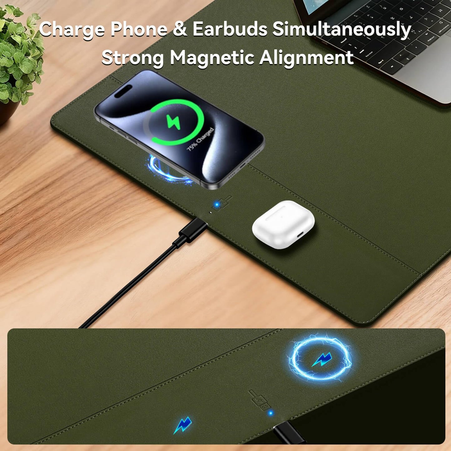 Hi-HONX Wireless Charging Mouse Pad, 15W Fast Charge Magnetic Charger Desk Pad, Large Office Desk Mat (35.4"x16.9") with Ultra-Smooth Surface, Military Green Computer Mousepad for MacBook, PC, Laptop