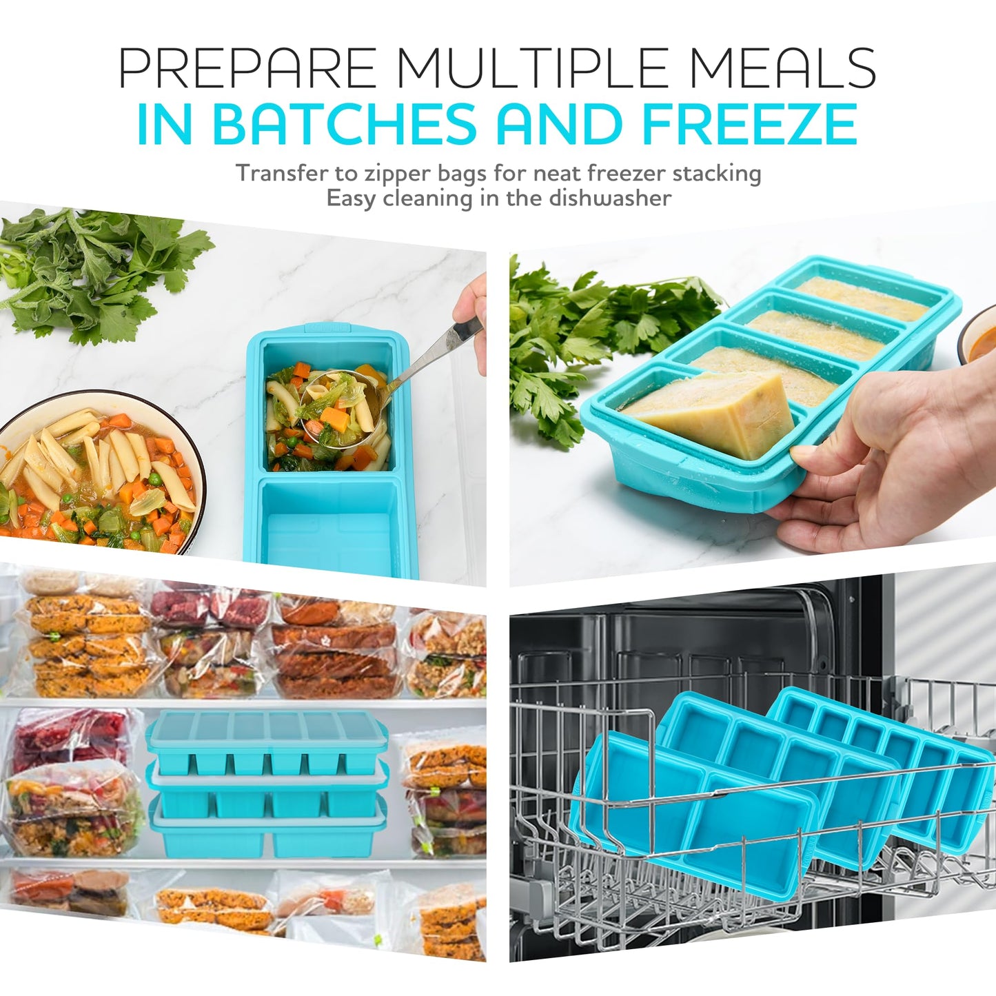 Silicone Freezer Tray With Lid - Soup Freezer Container Molds Set Makes 2-Cup & 1-Cup 1/2-cup Portions Cubes Perfect for preparing meals in different Portion Sizes Oven & Dishwasher-Safe