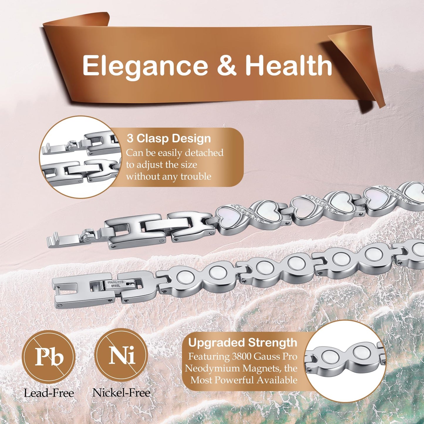 Feraco Ultra Strength Magnetic Bracelets for Women with 3800 Gauss Therapy Magnets, Titanium Steel Magnet Bracelet for Women with Natural Fritillaria, Adjustable with Sizing Tool, Original Design