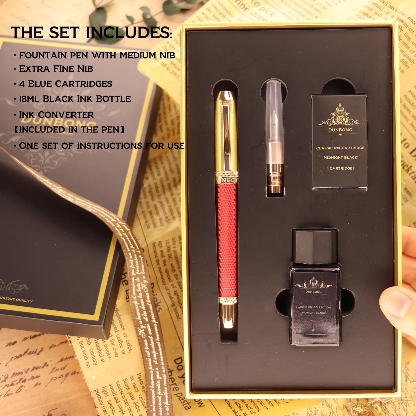 DUNBONG Luxury Fountain Pen, Aureate Gold Powder Finish, Gold Plating and Red Lacquer, Intricate Engraved Pattern, Gilded Medium Nib, Refillable Ink Converter, Luxury hard Gift Box(lion)