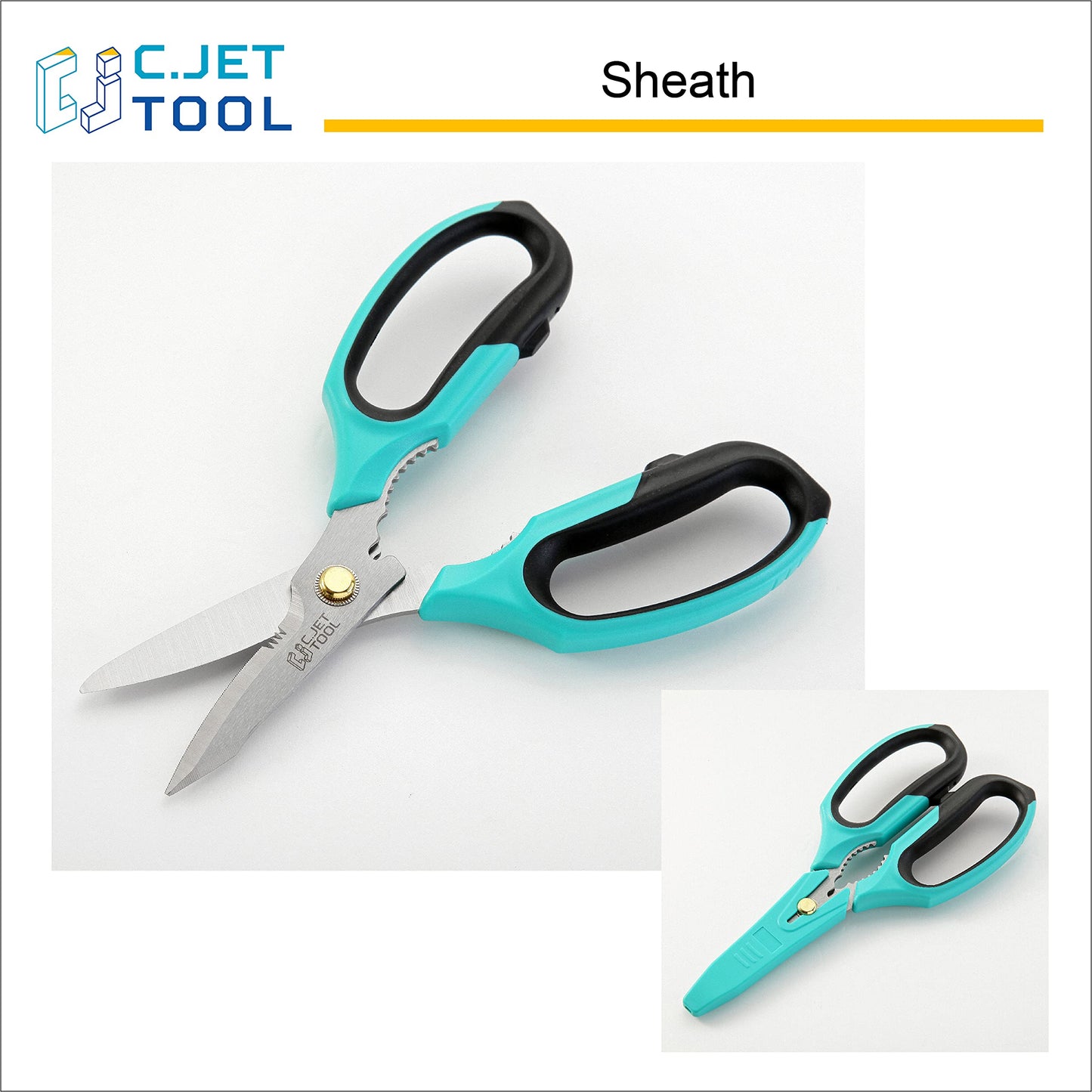 C.JET TOOL 8" Heavy Duty Scissors, Utility Scissors All Purpose for Cardboard, Plastic, Carpet, Rope, Leather. Sharp Stainless Steel Blades, Non‑Slip Handle, Kitchen Shears for Food, Meat & Poultry
