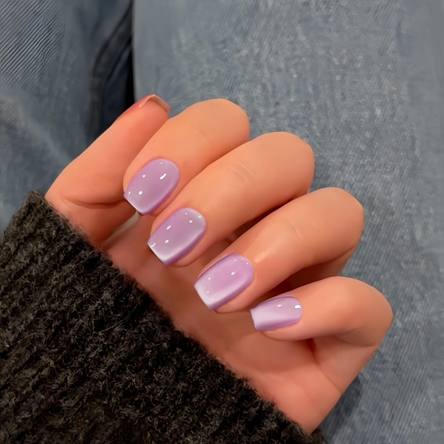 KQueenest Cat Eye Press on Nails Short, 30 Pcs Acrylic Press on Nails Square, Glass Lilac Fake Nails Press on Short, Sparkly Chrome, Light Lavender, Reusable Soft Gel Glue on Nails for Women Gift