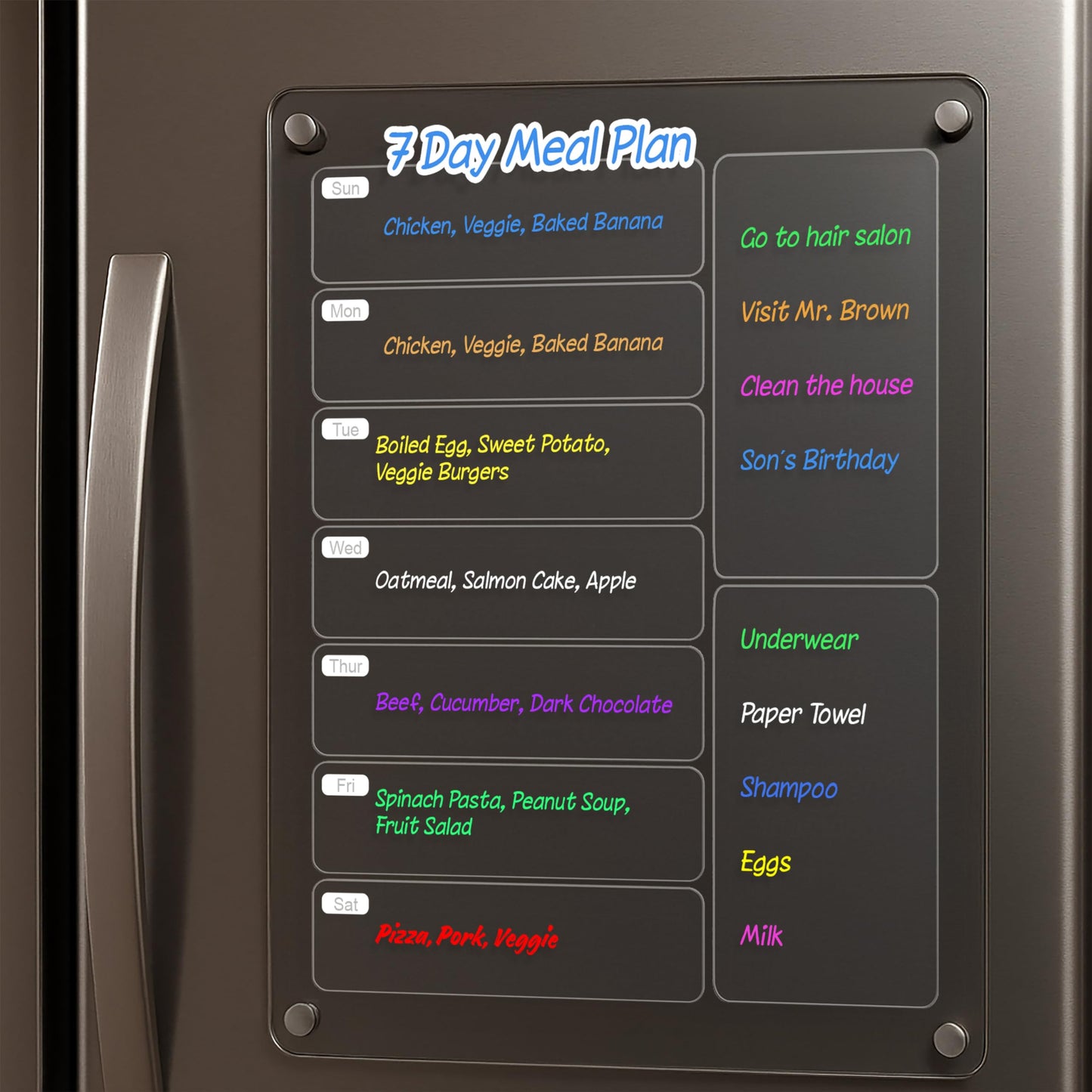 Meal Prep Bundle. Includes 1 Magnetic Acrylic Meal Planner Board, 1 Kitchen Conversion Chart Magnet, and 100 Freezer Labels for Food Storage & Organization