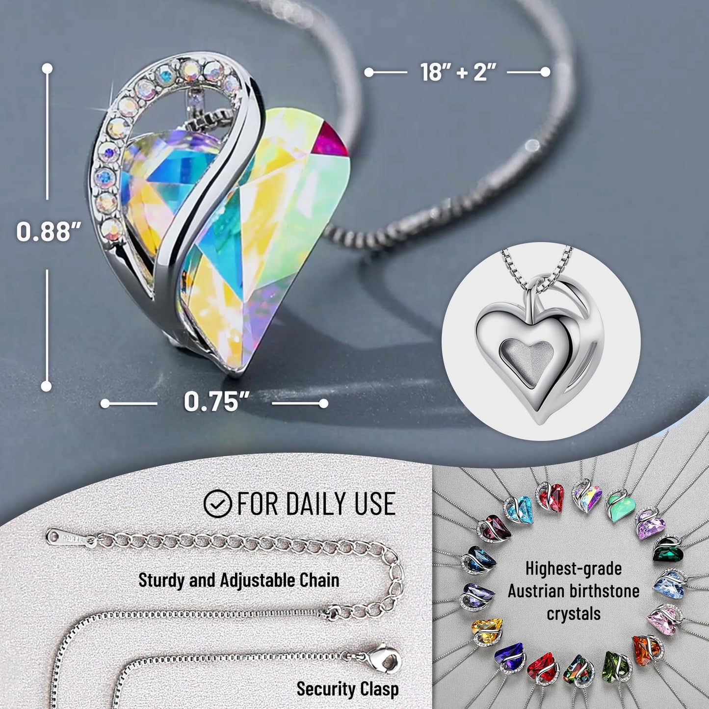 Leafael Gift Necklaces for Women, Infinity Love Bithstone Heart Pendant with Opal White Crystal for April, Birthday Jewelry for Her, Mom, and Wife, Silver Plated, 18" + 2" Chain