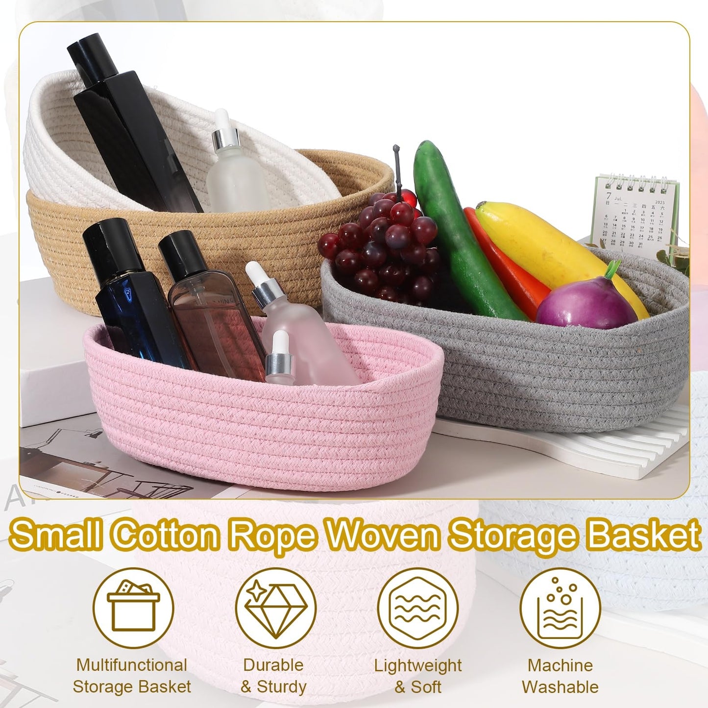 uxcell White Small Cotton Rope Woven Storage Basket, Shelf Closet Storage Gift Woven Baskets Cute Nursery Box Bin Decor Organization Bin for Home Supply, Oval, 10.3x3.2