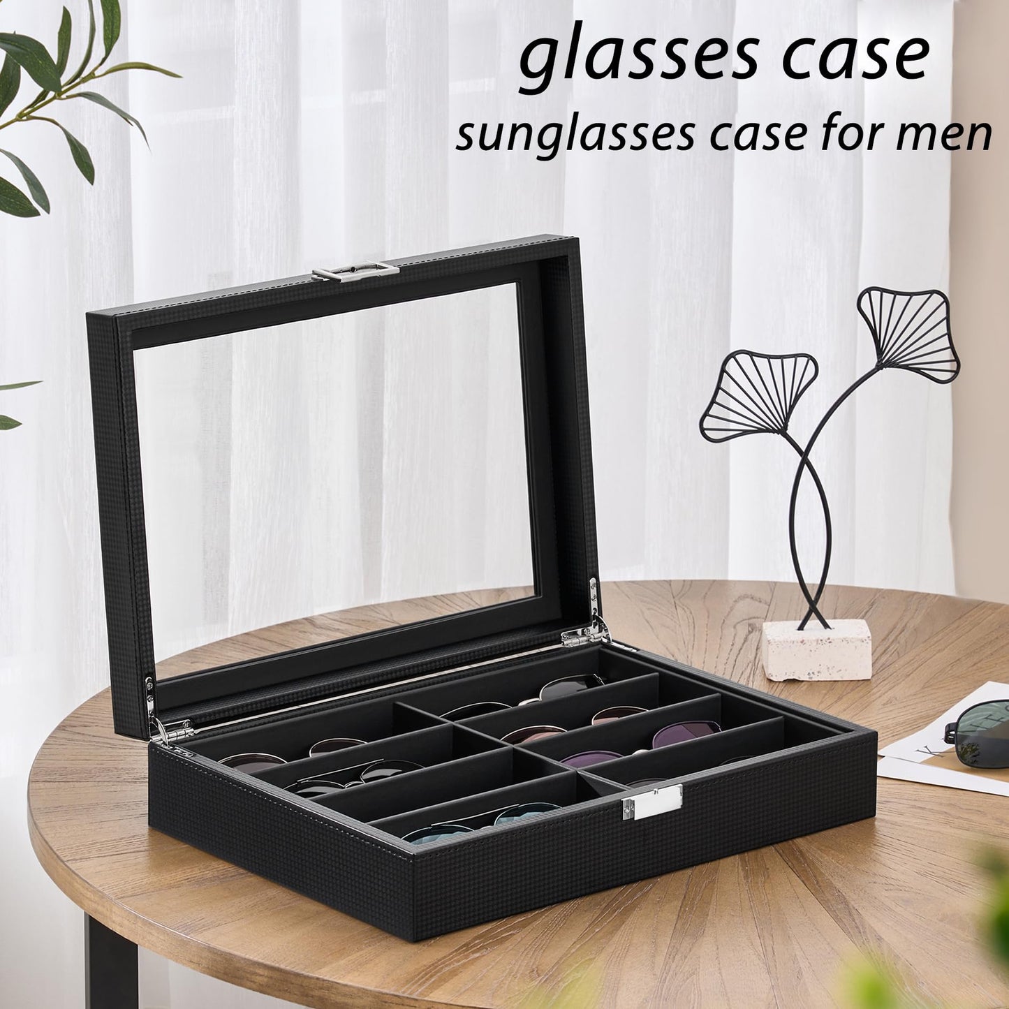 BEWISHOME Sunglass Organizer Case, 8-Slot Glasses Display Case With Large Clear Glass Lid, Pu Leather Lined Glasses Organizer for Men