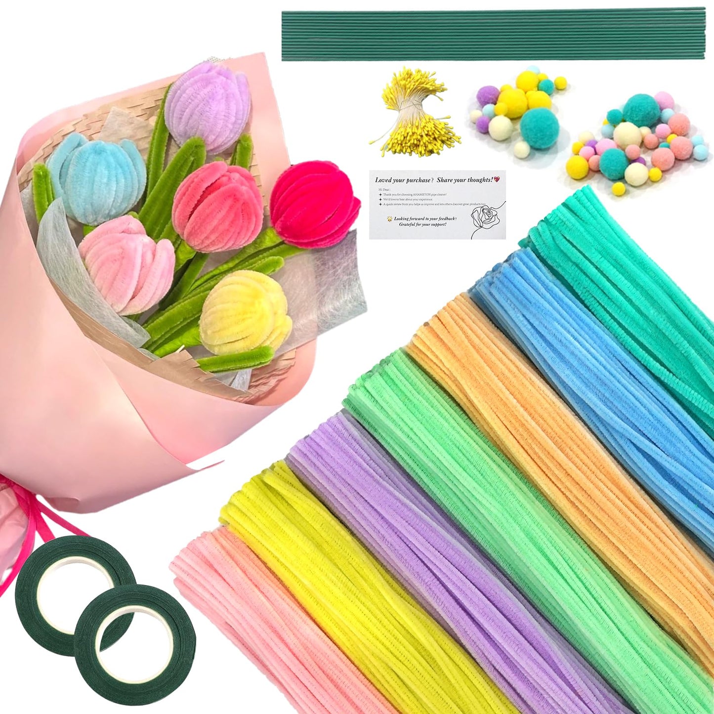 620 Pieces Pipe Cleaners Craft Set, 600 Pcs Pastel Chenille Stems with 20 Pcs Flower Stems, Craft Supplies Bulk for DIY Art and Craft Projects Creative Gift Wrapping Party Decorations(Macaron Series)