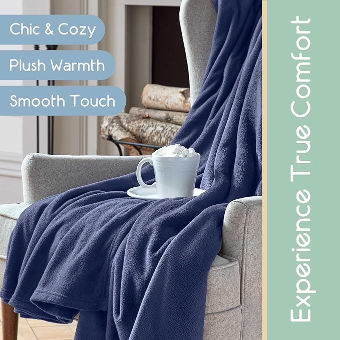 Twin Size Microfleece Blanket - Fleece Bed Blanket - All-Season Comfort -Supersoft Lightweight Throw Blanket - Plush Throw Blanket for Bed Couch or Sofa - Travel Blanket - Pet-Friendly - Navy