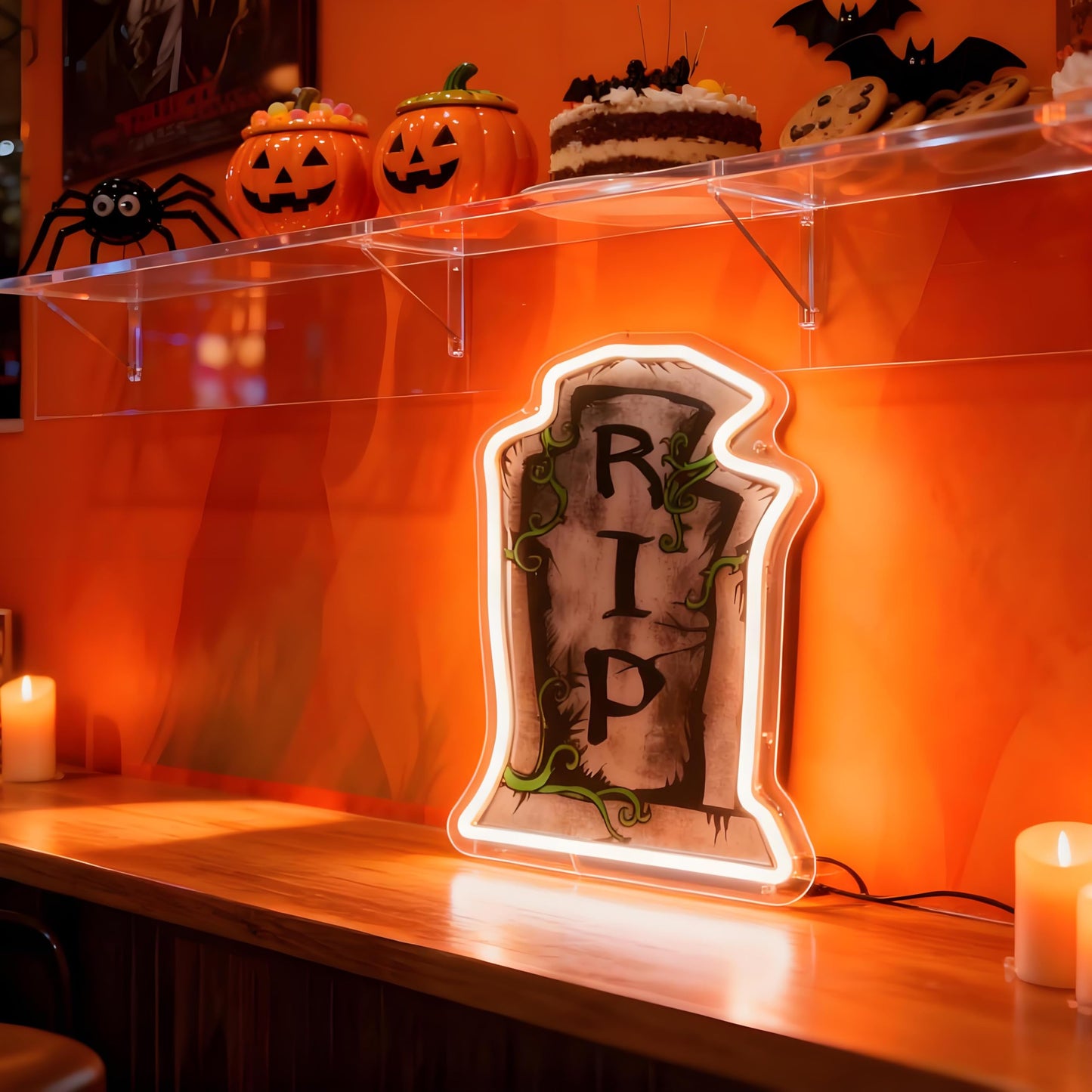 RIP Tombstone Shape LED Neon Sign - USB Powered Spooky Decor for Haunted House Party Bedroom, Halloween Neon Light Wall Table Accent, 13.97x 9.25 in