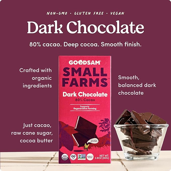 GoodSAM Organic 80% Dark Chocolate Bars (Pack of 3) - Non GMO, Vegan, Regenerative Farming, Direct Trade