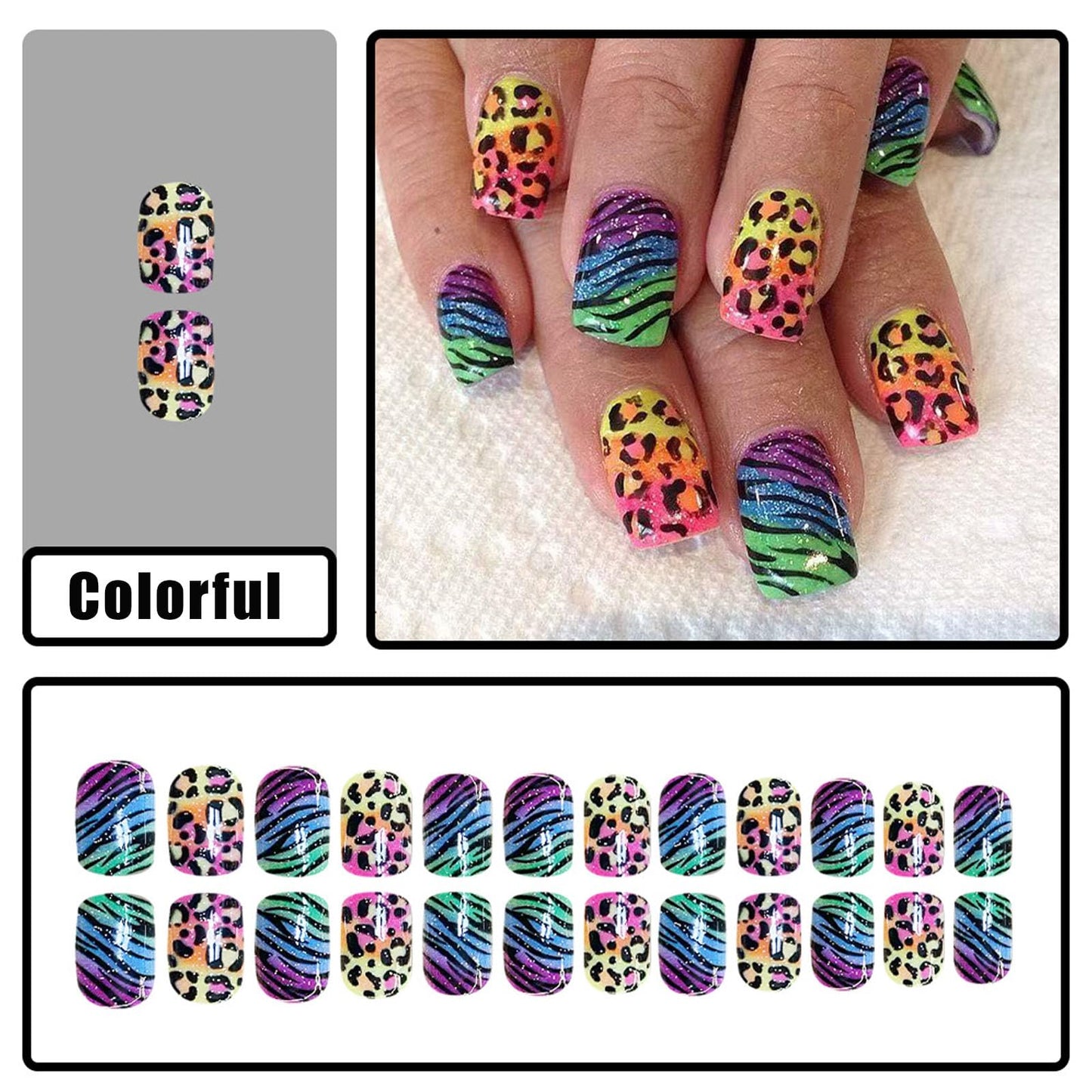Rainbow Leopard Print Press on Nails for Women Glue on Nails Short Square Fake Nail, with Neon Gradient Glitter Designs Colorful False Nail Press ons Artificial Acrylic Kit for Women 24Pcs