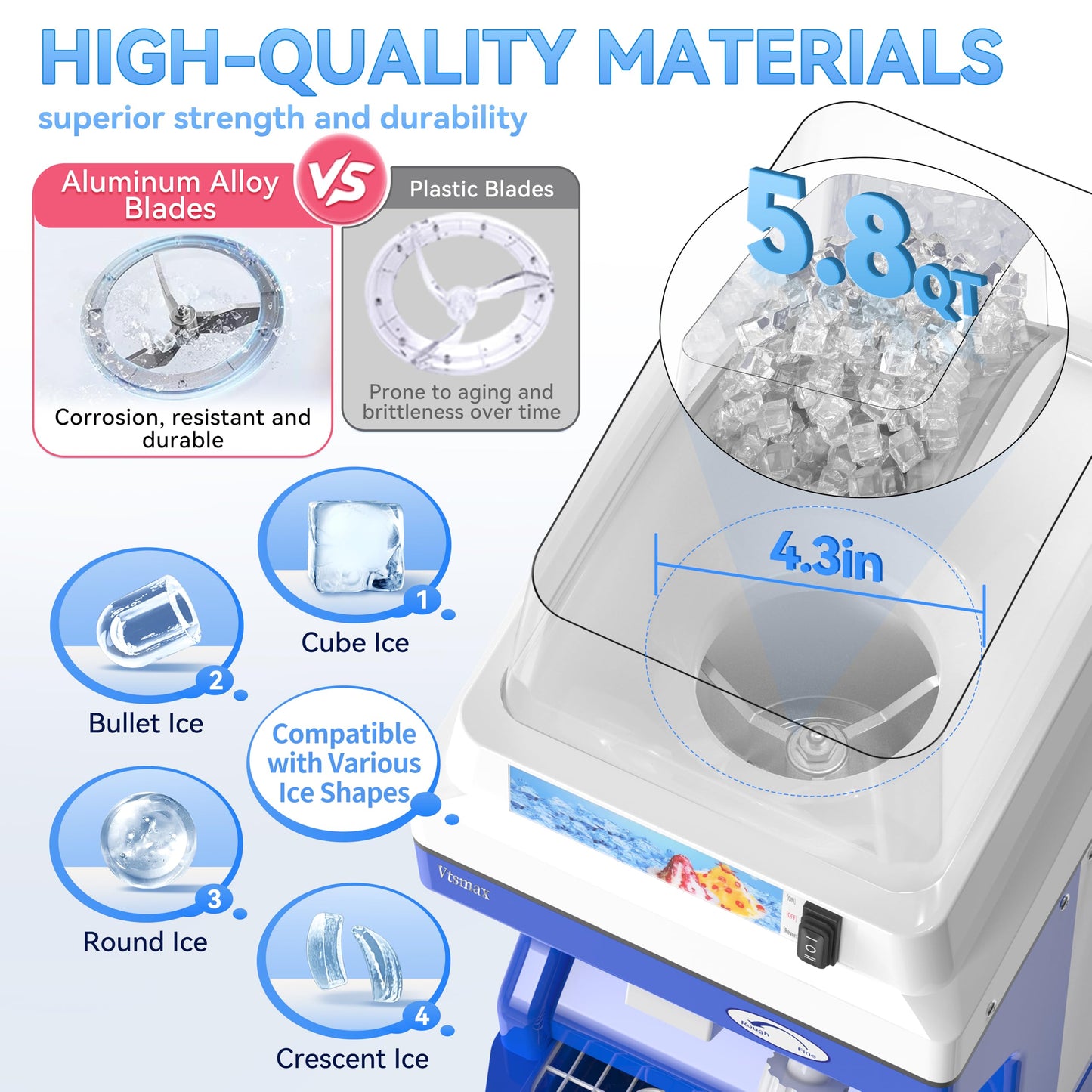 Vtsmax Electric Ice Shaver Machine, 300W Shaved Ice Machine, Thickness Adjustable Snow Cone Maker Machine 661LBs/hr Ice Crusher for Bar Parties Events Snack, Home and Commerical Use Blue(5.8Qt)