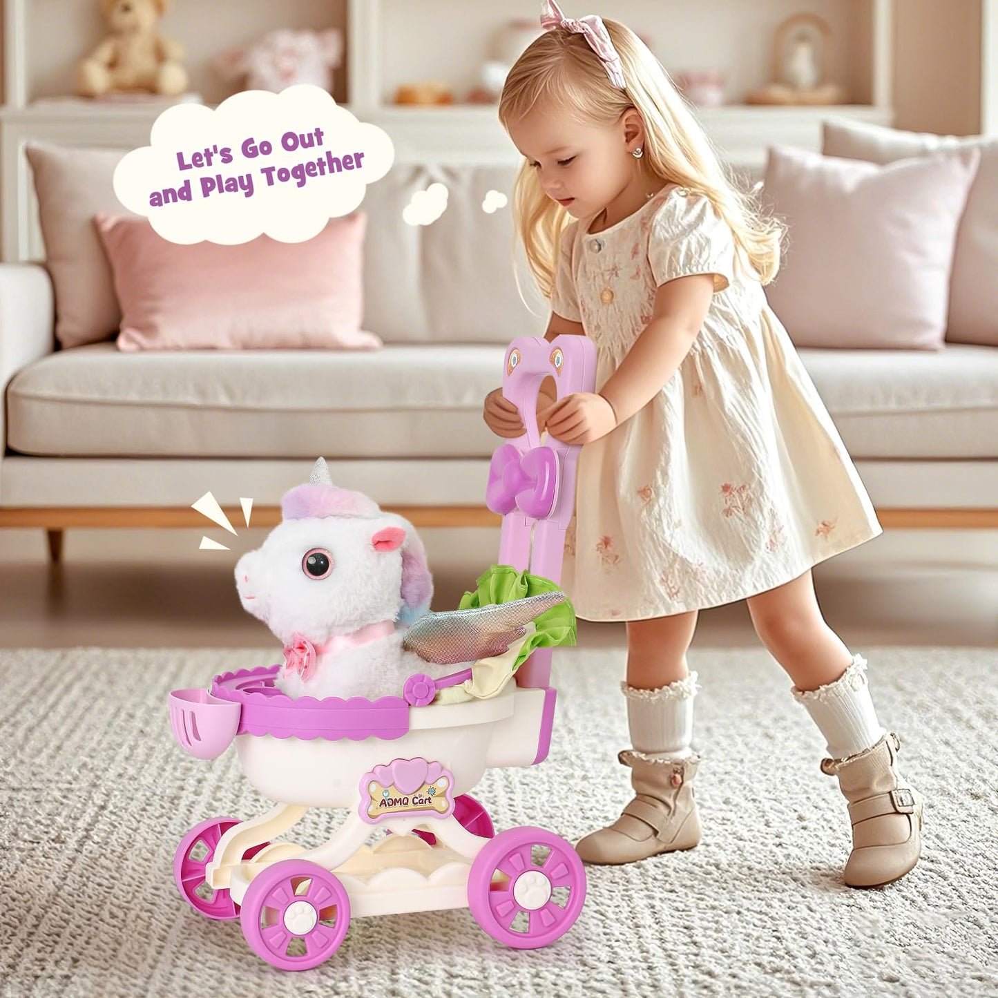 TUZT Girl Interactive Walking Unicorn Stroller Toy Set with Plush Electric Unicorn & Groom Care Accessories, Pretend Play Christmas Birthday Gift Toddler 3 4 5 6 Years, Unicorn Toys for Girls 4-6