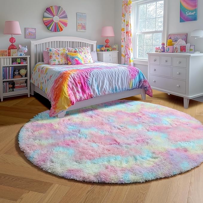 Amdrebio Rainbow Fluffy Small Round Rug 3Ft Kids Rugs for Girls Bedroom, Unicorn Room Decor, Colorful Pastel Shag Carpet for Dorm, Soft Cute Fuzzy Kawaii Circle Area Rugs for Baby Nursery, Playroom