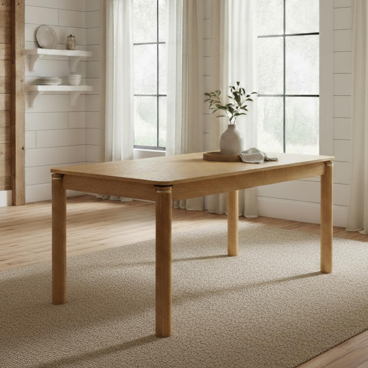 Hyfirm Solid Wood Dining Table for 4-6, 63 Inch Mid Century Modern Rectangular Kitchen Table with Gold Ring Decoration, Farmhouse Dinner Table for Dining Room/Home Office/Restaurant, Natural