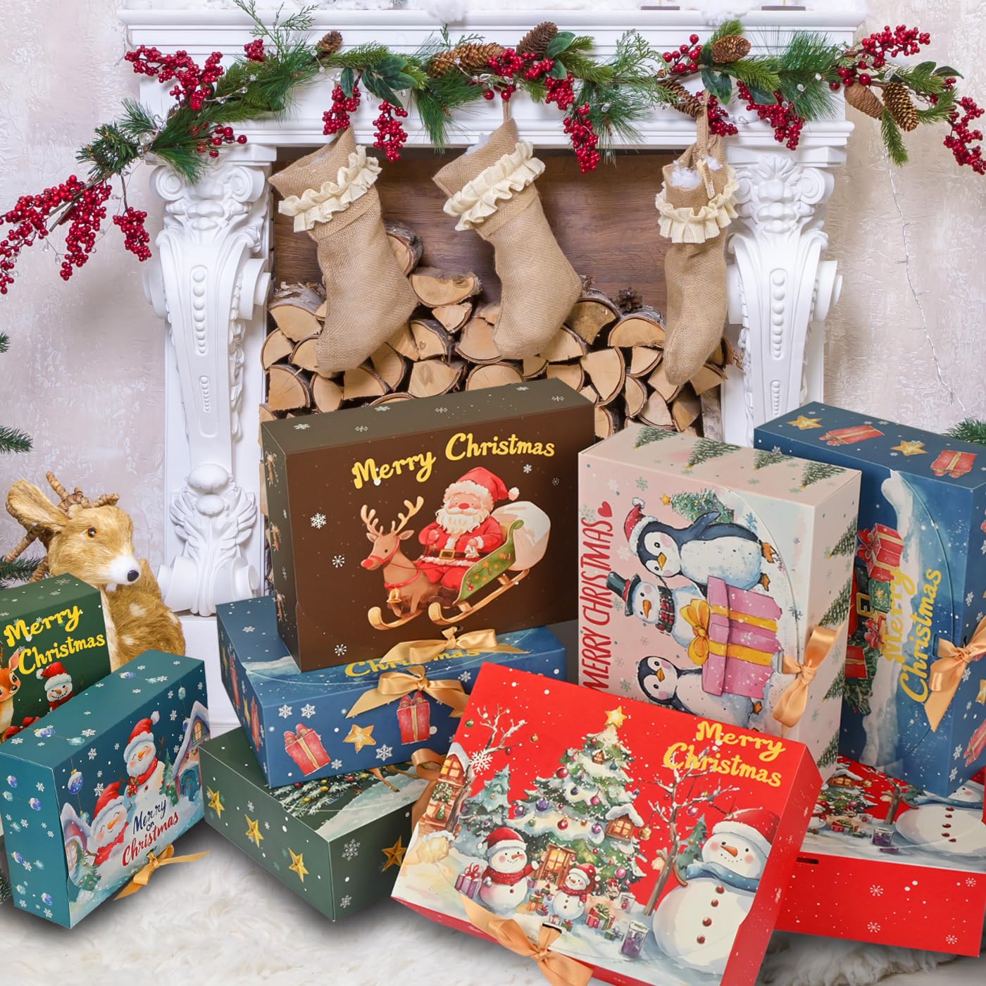 Xylitic 12Pack Christmas Boxes for Gifts with Lids, 10.6×7.8×3.1 Inch Christmas Gift Boxes with Lids for Presents, Xmas Holiday Wrapping Boxes for Gifts