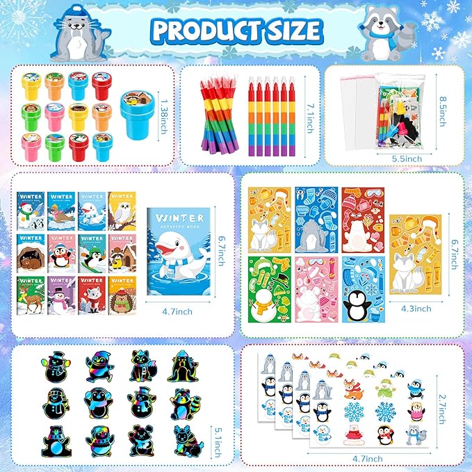 BenLouis Winter Party Favors Set Holiday Themed Coloring Book Classroom Gift Prizes Bulk for Students Kids Christmas Frozen Birthday Goodie Bag Stuffers Pinata Filler (48Set Animals)
