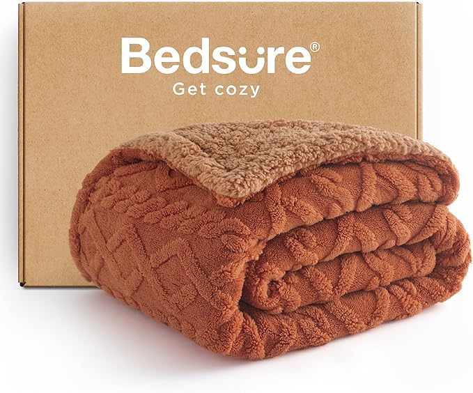 Bedsure Sherpa Fleece Blanket Twin Size for Bed - GentleSoft Fluffy & Cozy Cable Jacquard Tufted for Women Gift, Thick and Warm Blankets for Winter, Orange, 60x80 Inches