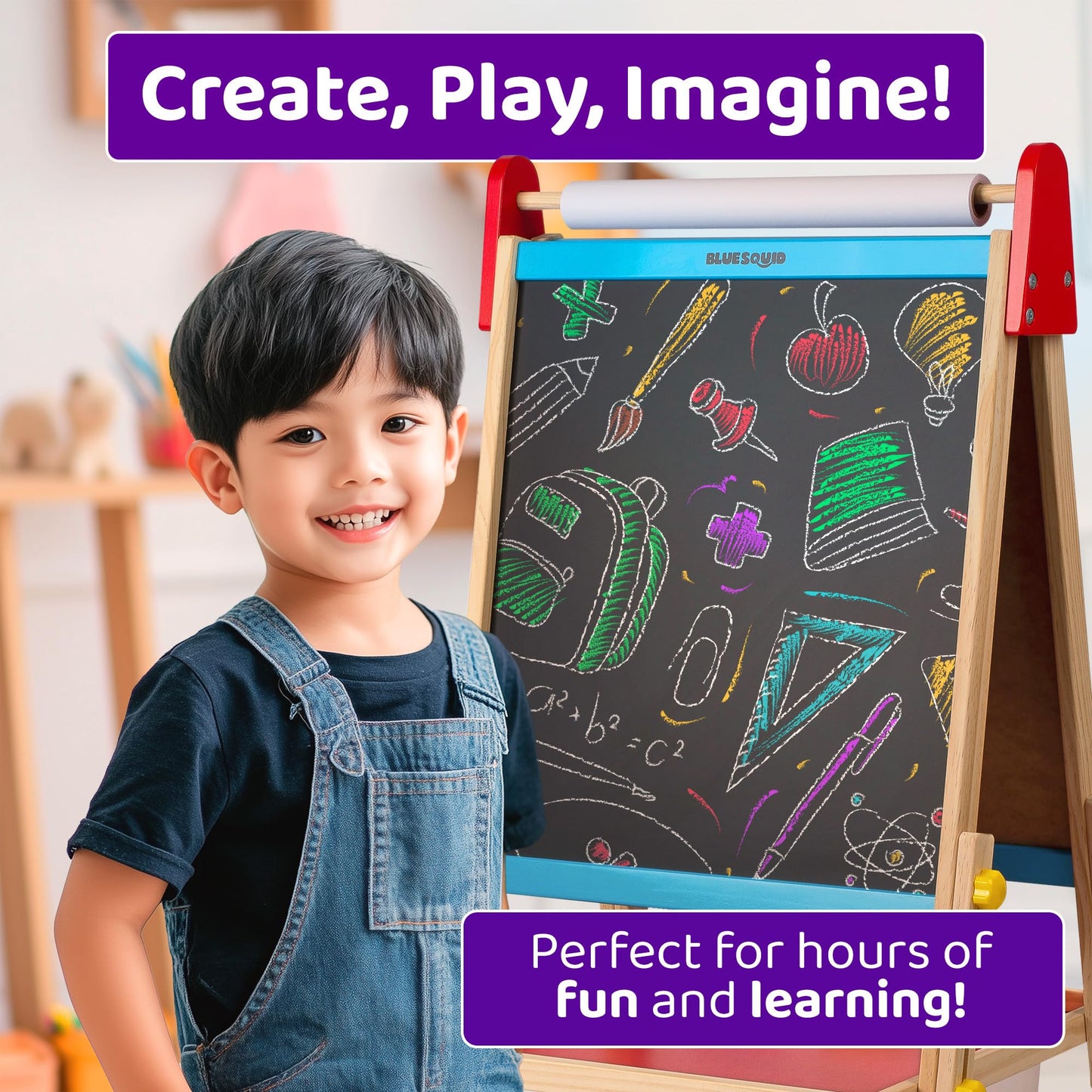 Blue Squid Art Easel for Kids with Paper Roll x 3, Includes 100+ Accessories, Double Sided Adjustable Wooden Painting Easel with Magnetic Chalk Board, White Board for Toddlers Ages 3,4,5,6,7,8,9,10,12