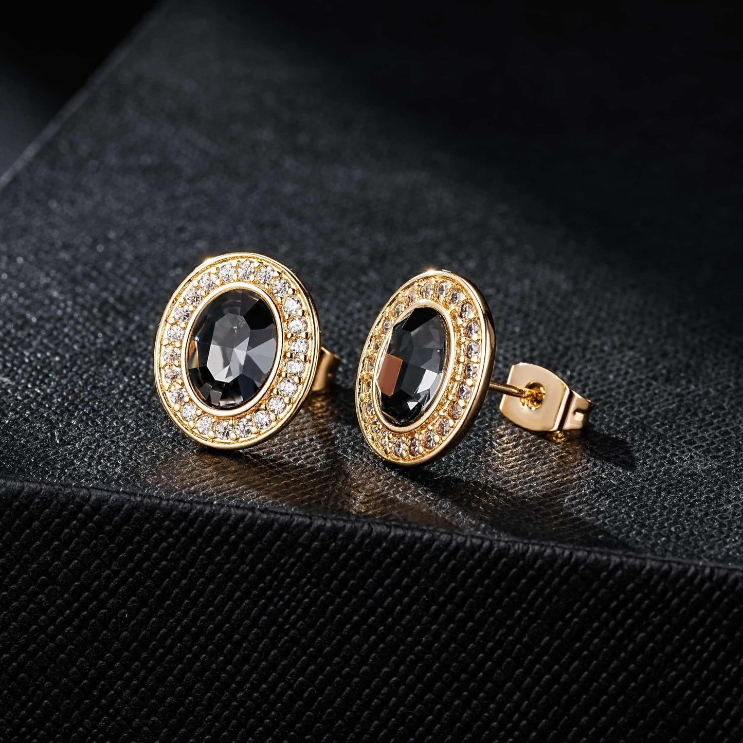 EVEVIC Austrian Crystal Halo Oval Stud Earrings for Women Trendy,14k Gold Plated Hypoallergenic Earring Jewelry Gift (Grey-Black)
