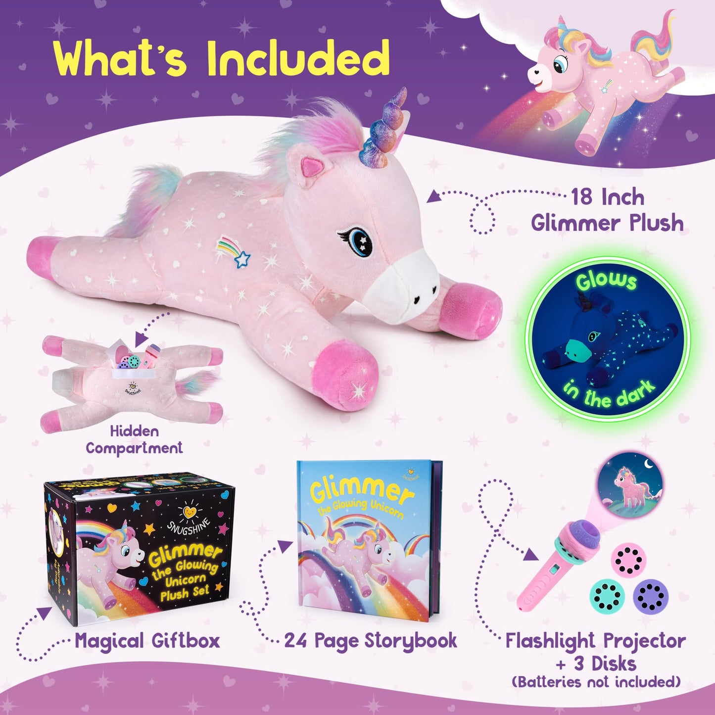 SNUGSHINE Glow in the Dark Unicorn Plush with Book & Flashlight Projector, 18 Inch Unicorn Stuffed Animal and Book Set, Light Up Toy Stuffies for Girls Gift Set, Bedtime Help Sleep Aid