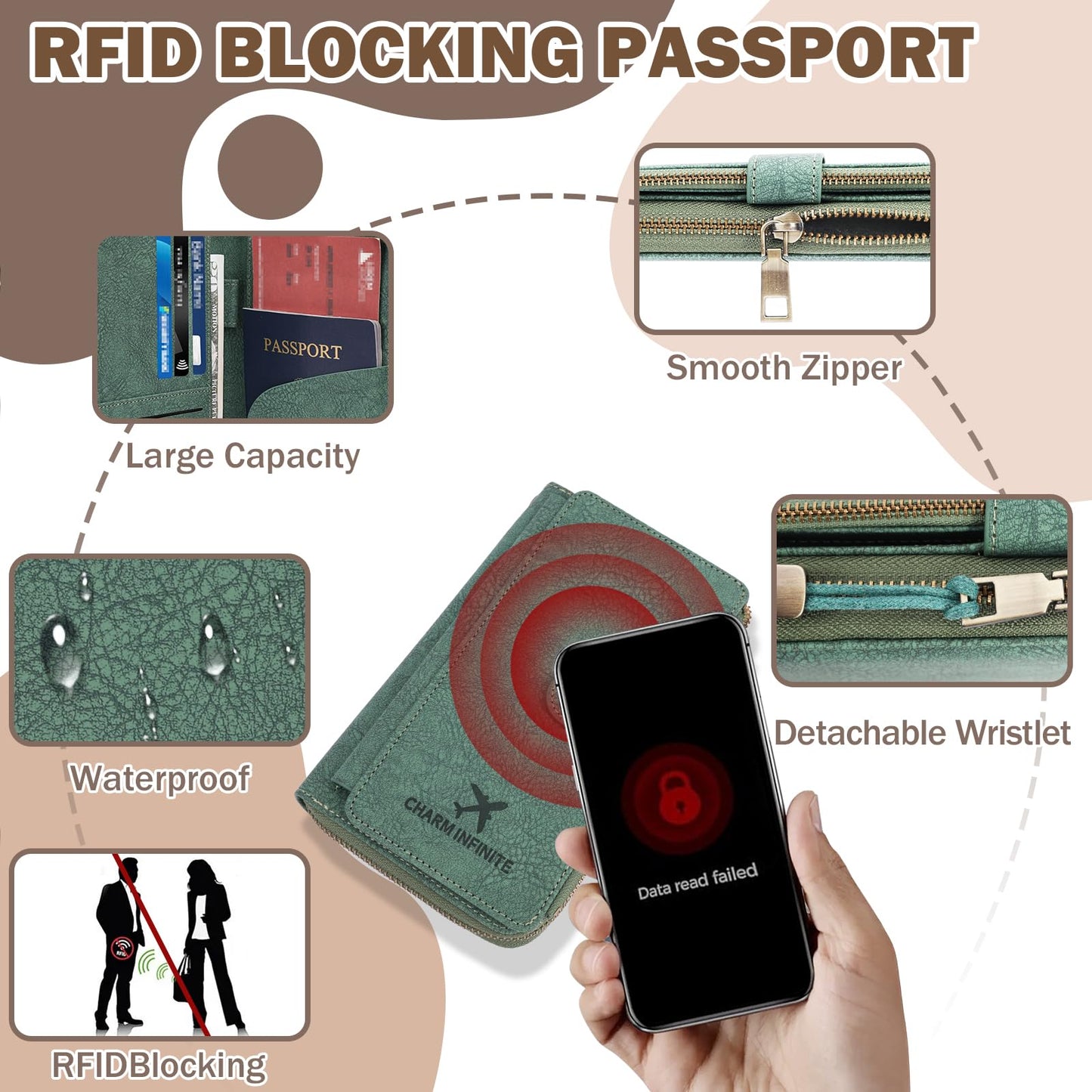Playexen RFID Blocking Passport Wallet, Anti Theft PU Texture Passport Pouch with Tracker Case, Travel Document Organizer Zipper Wallet with Wrist Strap & Keychain, Gifts for Women and Men (Red)