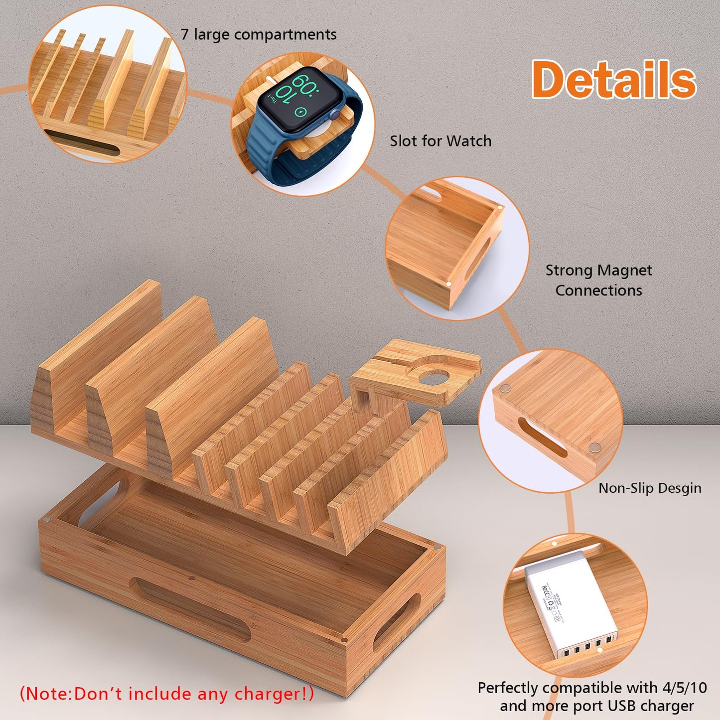Pezin & Hulin Bamboo Charging Station Organizer for Multiple Devices & Wood Desktop Docking Charging Stand Such As Cell Phone, Tablets, Phone Case and Watch Stand(No USB Charger)