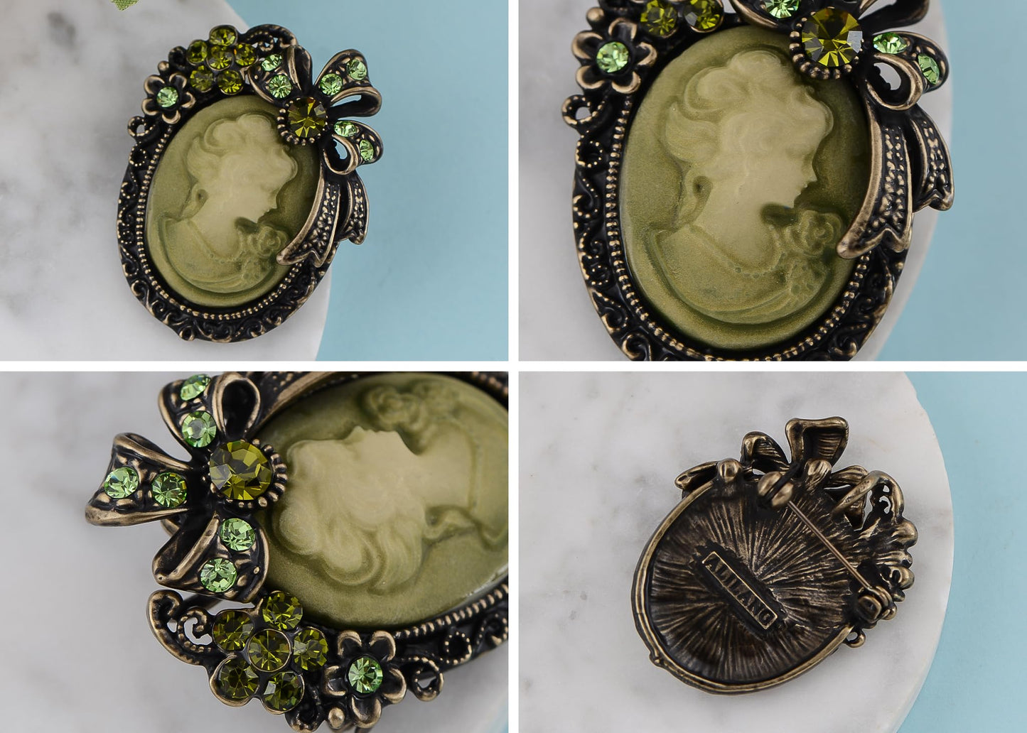 Alilang Vintage Elegant Cameo Victorian Lady Maiden Crystal Rhinestone Pin Brooch, Green