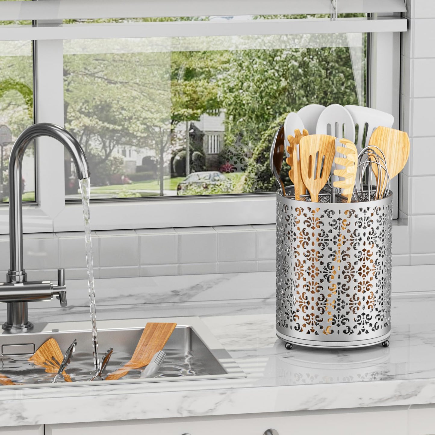 YIUKEA Extra Large Utensil Holder - 360° Rotating Cooking Utensils Caddy Countertop Organizer with Instant-Dry and Removable Base for Kitchen Tools