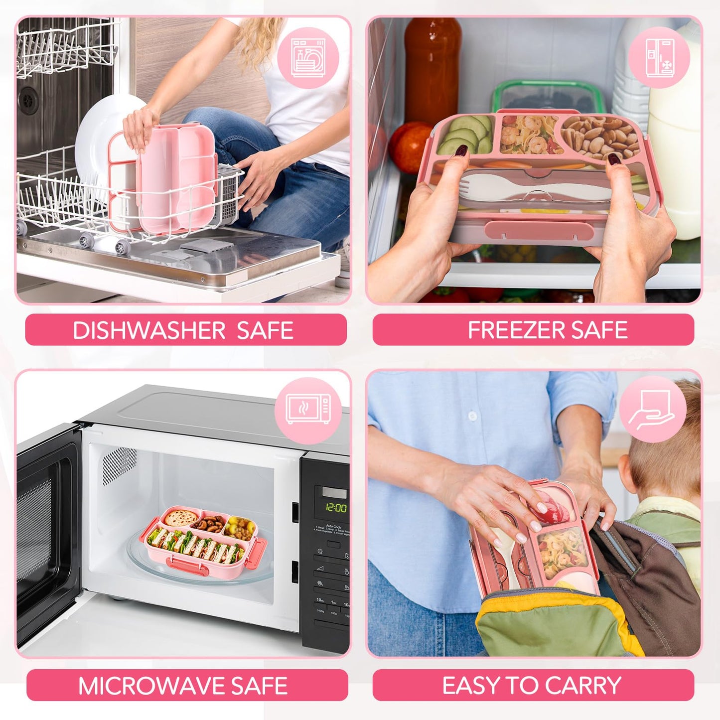EASYFUN Bento Box Adult, Lunch Box, 4-Compartment Lunch Containers, Drop-Proof, Dishwasher Safe & Made with BPA-Free Materials (Pink)