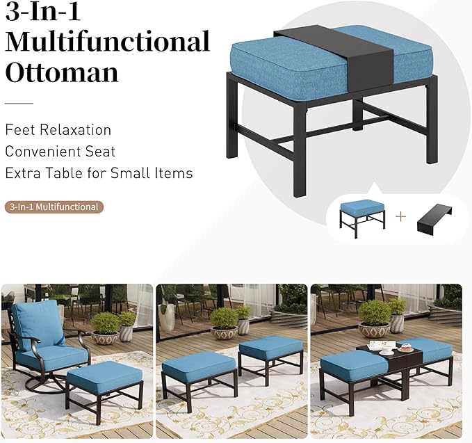 5 Piece Metal Outdoor Patio Furniture Set, Patio Conversation Sets 3-seater Sofa, 2 Rocking Chair, 2 Ottomans with 5.75" Thick Cushion, Black All-weather Frame Backyard Furniture, Navy