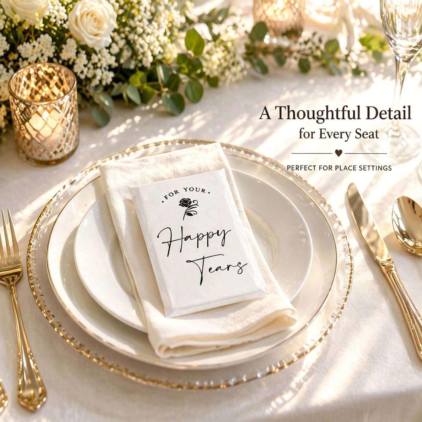 DORIS HOME Happy Tears Tissue Packs, 48 Count, 3-Ply Individual Facial Tissues for Wedding Guests, Ceremony, Reception, Bridal Shower
