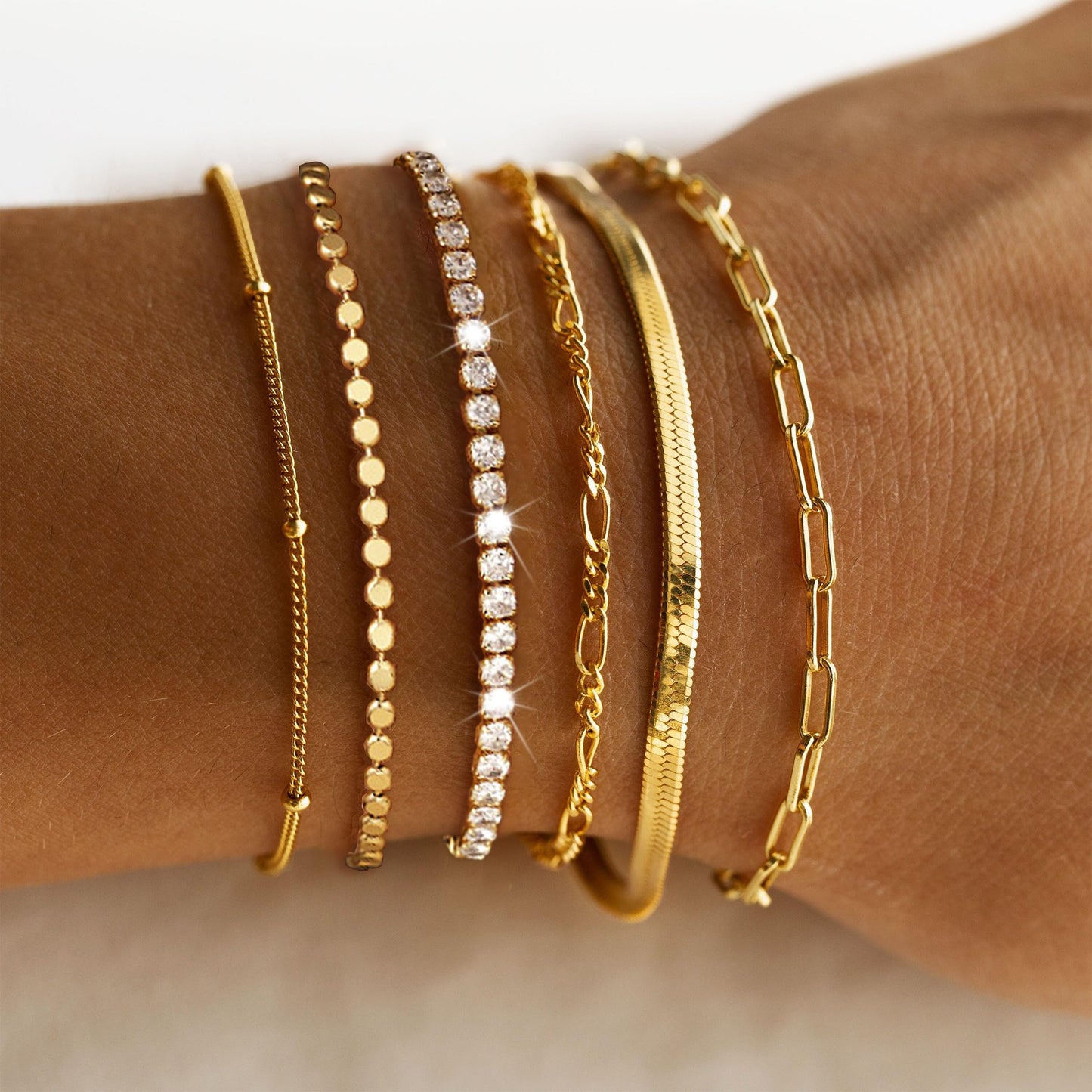DEARMAY Dainty 14K Gold Plated Bracelets for Women Trendy Waterproof Jewelry Sets Fashion Stackable Rope Box Herringbone Paperclip Chain Link Bracelet Pack Stack Gifts for Womens