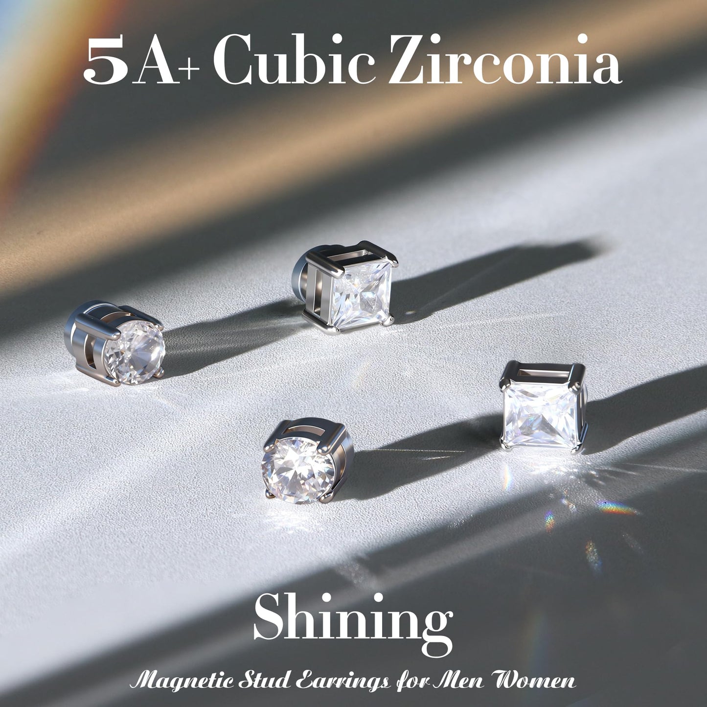 Jstyle 2 Pairs Stainless Steel Magnetic Stud Earrings for Men Women Non-piercing CZ Hypoallergenic 5-8MM