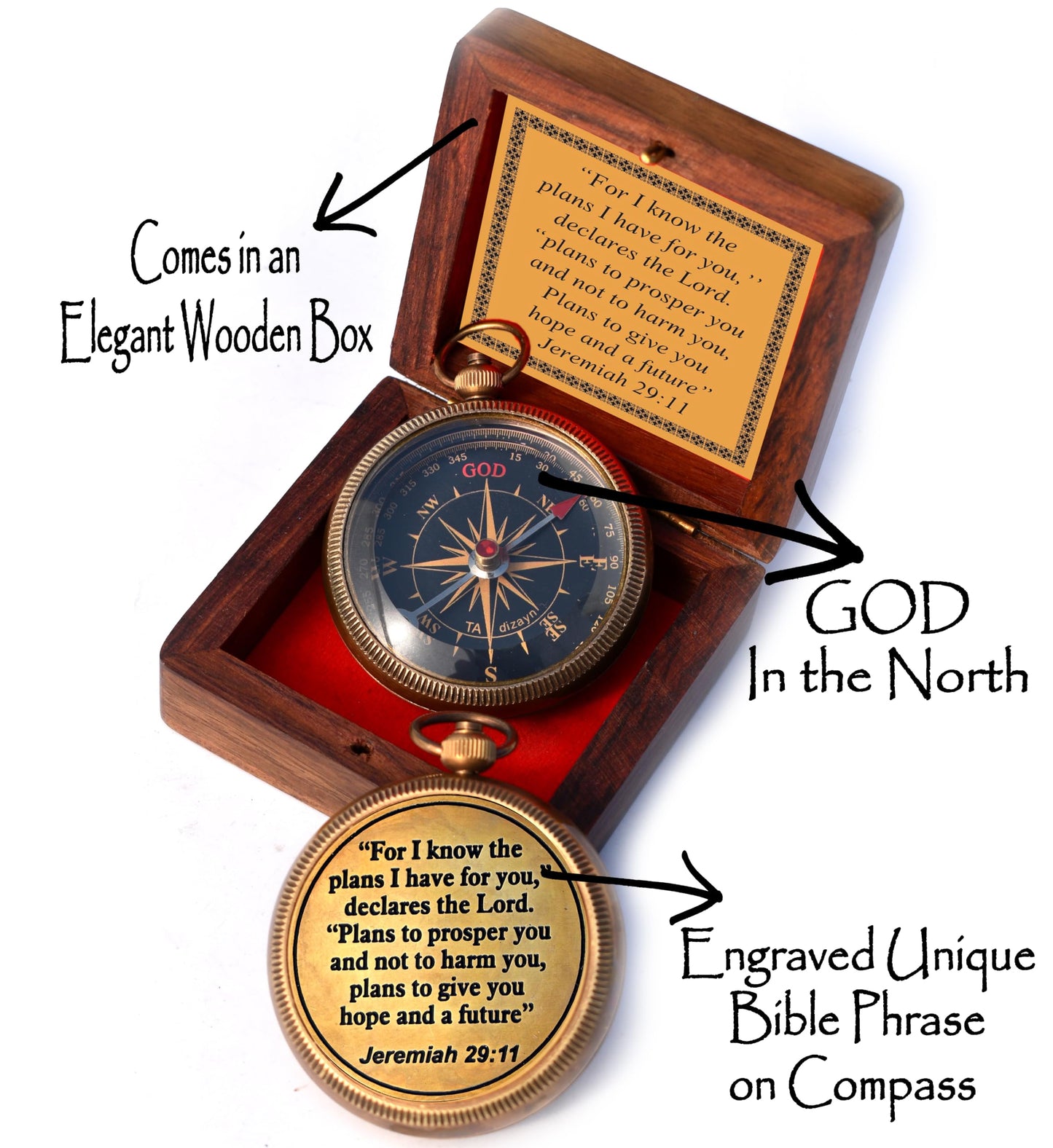 I Know The Plans I Have for You Engraved Compass with Wooden Box, Jeremiah 29 11 - Christian & Catholic Gifts for Men, Women & Graduation