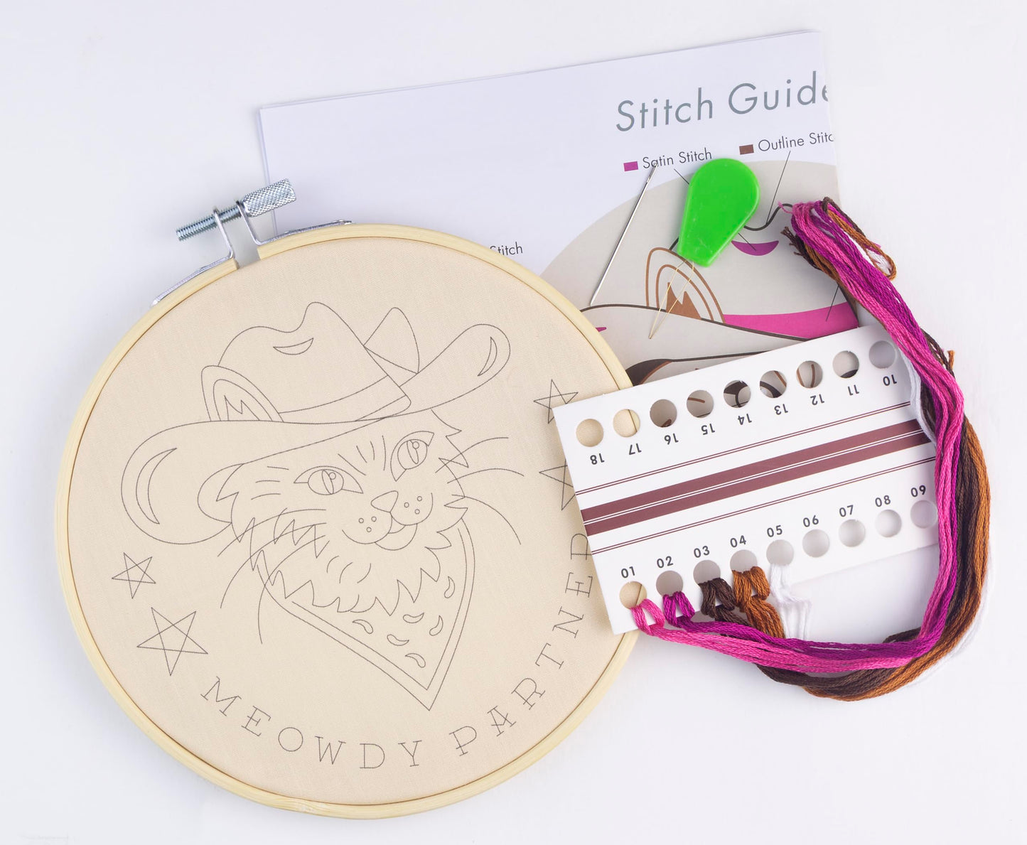 FUNATIC Meowdy Partner Embroidery Kit | Funny Beginner Needle Work Starter Set for Adults | Needlepoint DIY Arts and Crafts | Cross Stitch Set with Bamboo Hoop Floss Needles Threader Printed Fabric