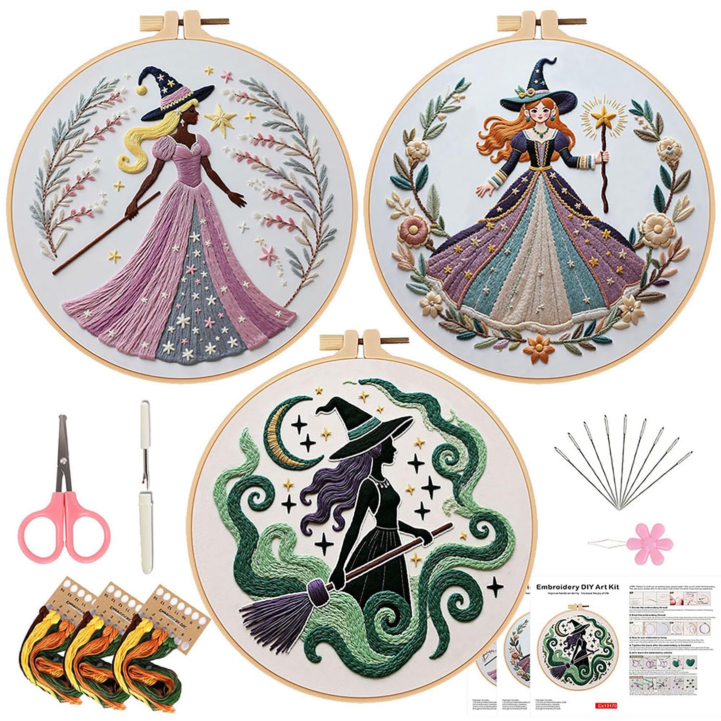JinyunDengtu Embroidery Kit for Beginners, 3-Pack Witch Themed Needlepoint Starter Set with 7.8" Bamboo Hoop, Pre-Printed Patterns & Full Supplies, DIY Art Craft Kits for Adults & Teens (Gift-Ready)