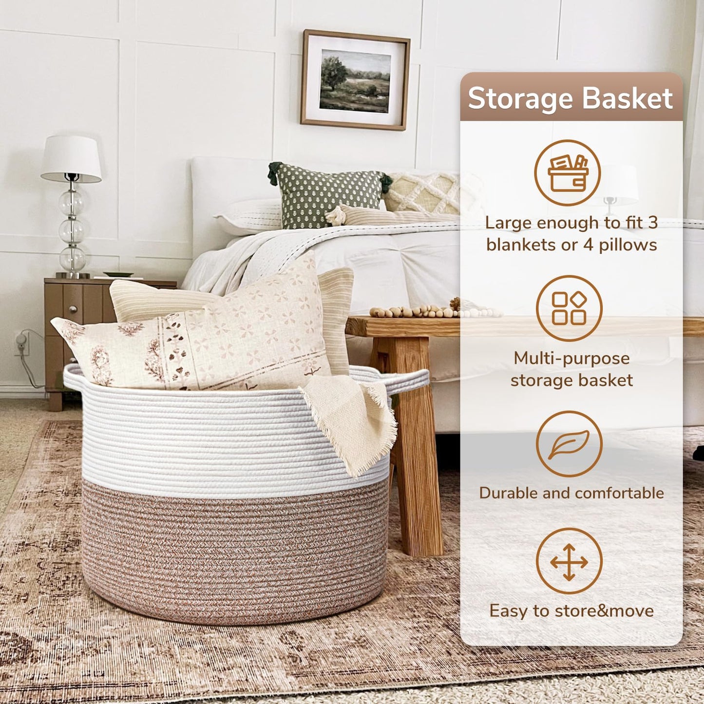 Goodpick Large Storage Basket, 83L Dorm Room Essentials, Blanket Woven Rope Basket for Living Room, Baby Blanket Storage, 21.7 x 13.8 inches