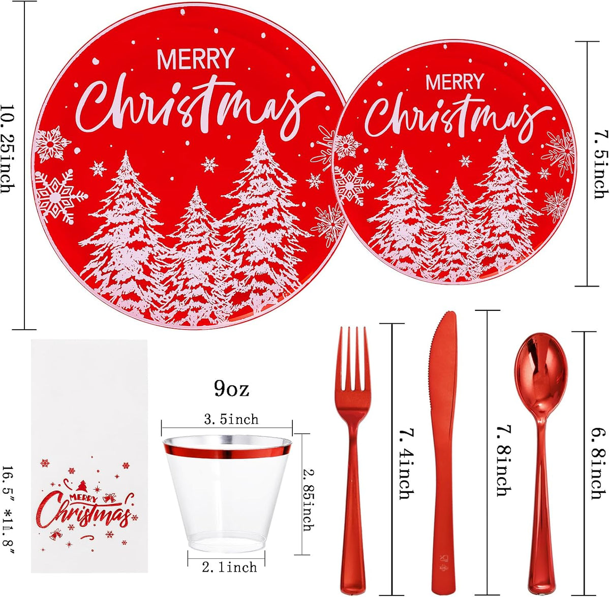 I00000 210Pcs Christmas Plastic Plates - Red Disposable Plates with Red Plastic Silverware Include 60 Plates, 30 Forks, 30 Knives, 30 Spoons, 30 Cups, 30 Napkins for Xmas Party