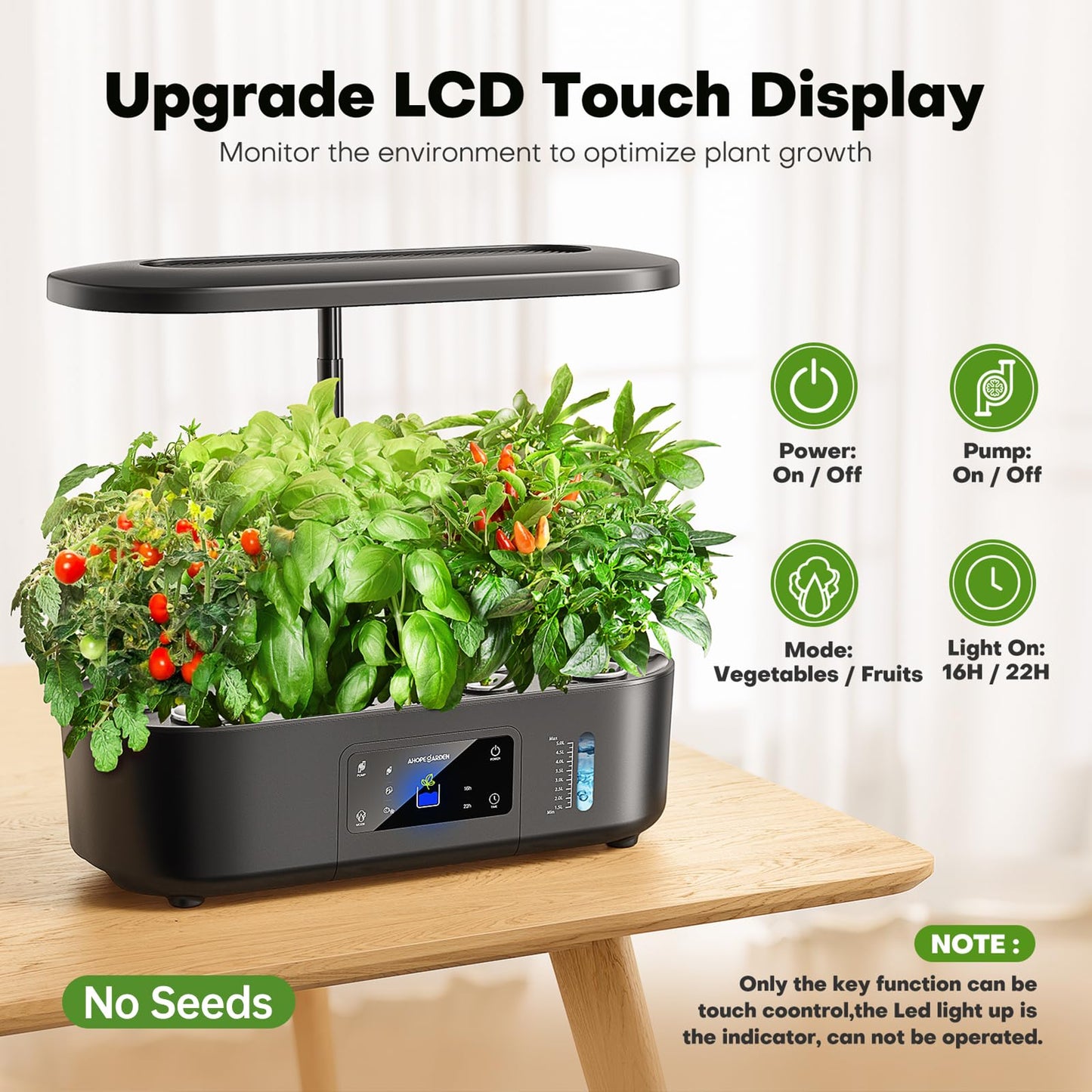 Ahopegarden Hydroponics Growing System Kit Indoor Herb Garden with Grow Light 12 Pods, with LCD Touch Panel Hydroponic Planter, Planting Height Up to 17", Grower Harvest Fresh Veggie Lettuce, Black