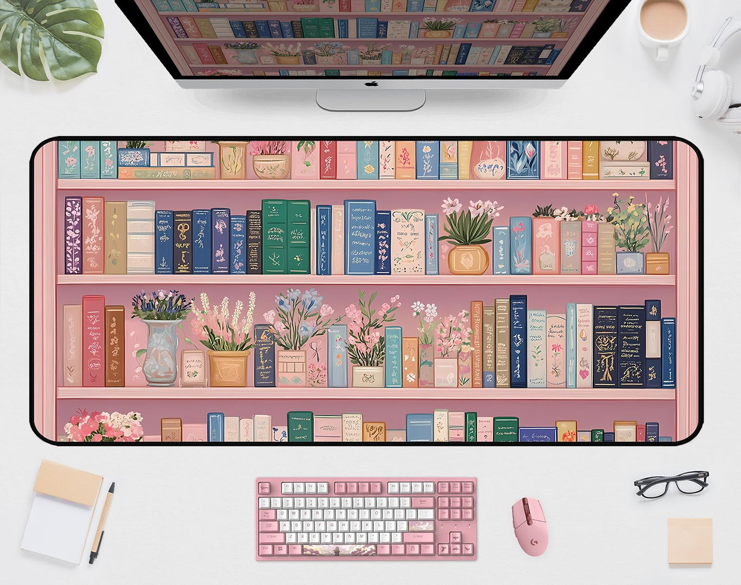 Cute Bookshelf Deskmat, Pink Desk Pad Mousepad XXL, Game Pad, Large Office Desk Keyboard Mat, Anti Slip Rubber Base and Sewn Edge Mouse Mat, Beautiful Reading Space Desktop Decor 31.5"X15.7"