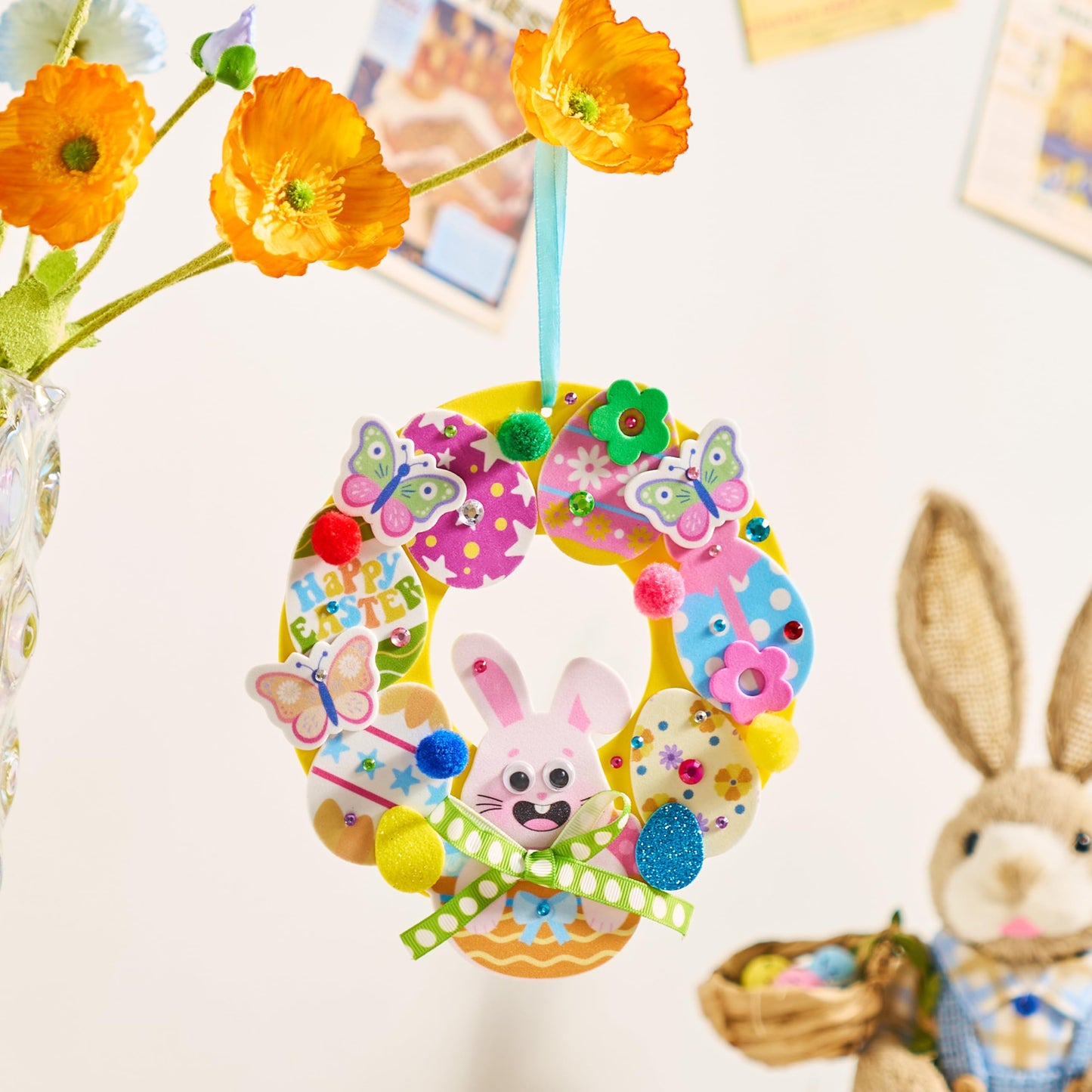 JOYIN 12 Sets Easter Wreath Signs Decorations, DIY Foam Craft Kit with Bunny, Chick & Egg Foam Stickers, Amusing Wiggle Eyes and Pom-Poms for Kids Easter Kids Activities, Party, Gift Decorations.
