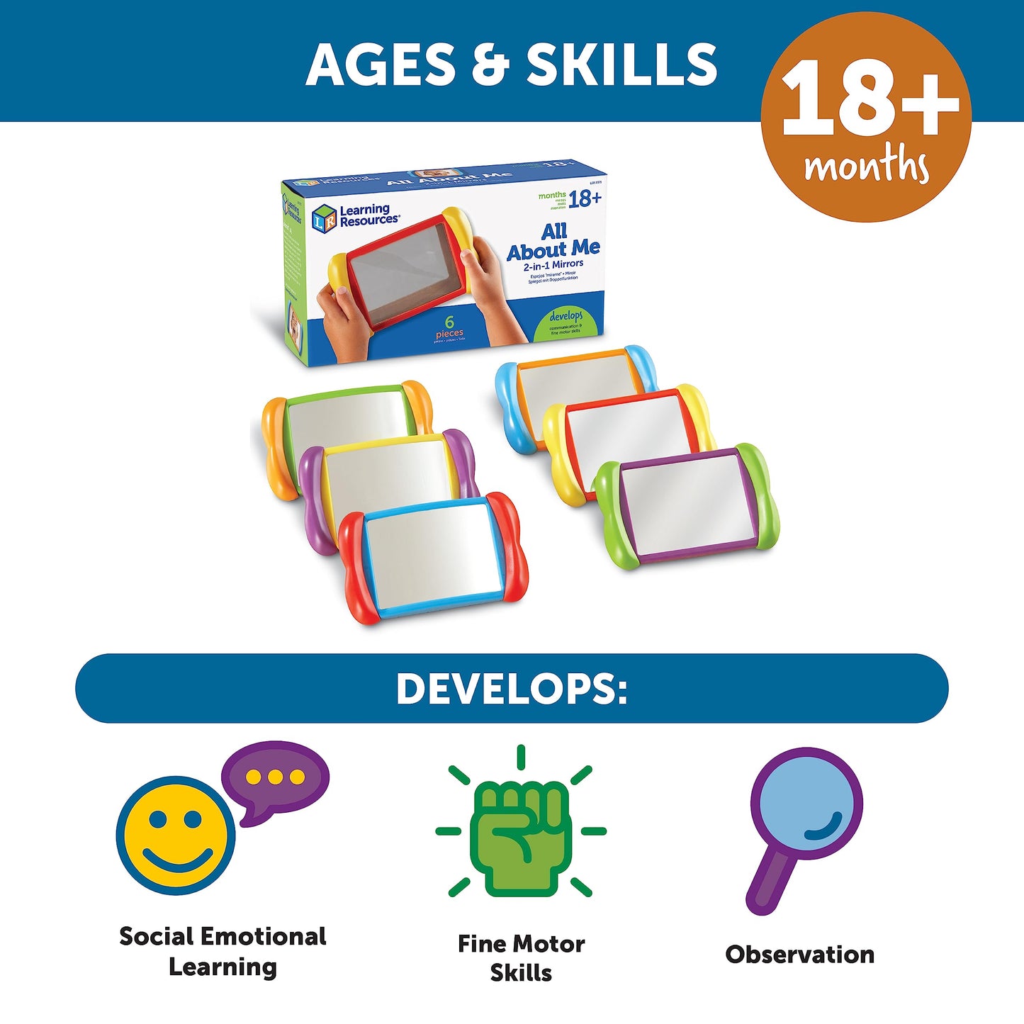 Learning Resources All About Me 2 in 1 Mirrors - 6 Pieces, Ages 18+ months Toddler Social Emotional Learning Toys, Mirror for Kids